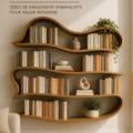 Etagères en bois courbées dans un salon moderne et minimaliste