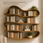 Etagères en bois courbées dans un salon moderne et minimaliste
