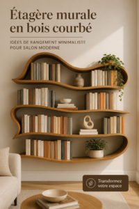 Etagères en bois courbées dans un salon moderne et minimaliste
