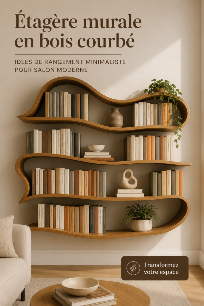Etagères en bois courbées dans un salon moderne et minimaliste