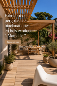 Pergola bioclimatique en bois exotique installée dans un jardin à Marseille