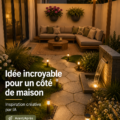 Jardin latéral magnifiquement aménagé avec des fleurs colorées et des petits chemins.