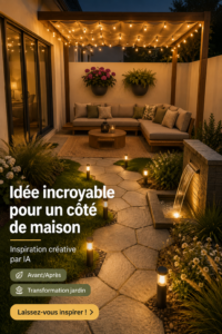 Jardin latéral magnifiquement aménagé avec des fleurs colorées et des petits chemins.