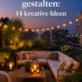 Une terrasse aménagée avec des plantes vertes et un mobilier confortable, offrant une vue sur la ville.
