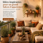 Grand balcon d'appartement aménagé avec mobilier confortable et plantes