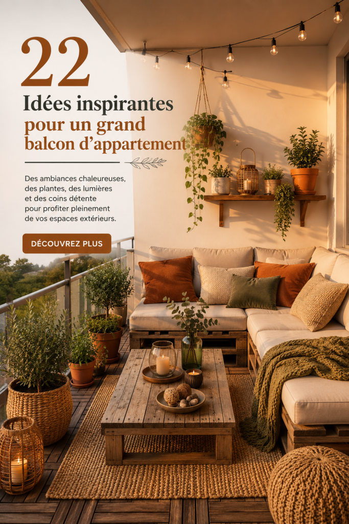 Grand balcon d'appartement aménagé avec mobilier confortable et plantes