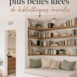 Exemple de bibliothèque murale en bois avec des livres et des objets décoratifs.