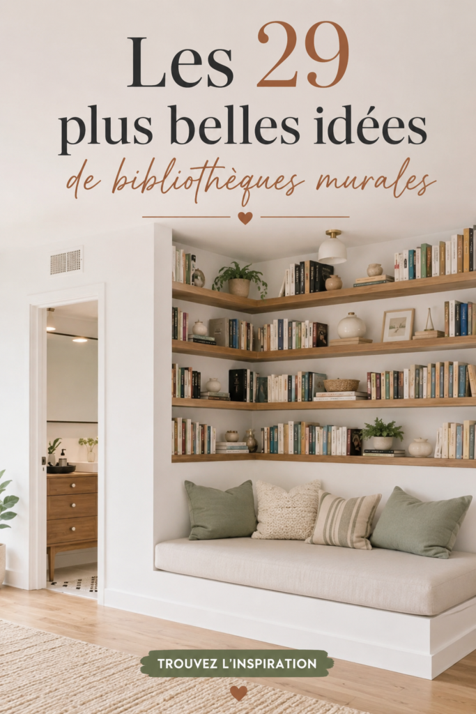 Exemple de bibliothèque murale en bois avec des livres et des objets décoratifs.