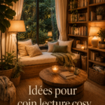 Un coin lecture cosy aménagé avec des coussins et une petite bibliothèque.