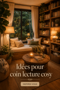 Un coin lecture cosy aménagé avec des coussins et une petite bibliothèque.