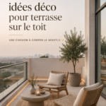 Belle terrasse sur le toit avec des meubles confortables et des plantes luxuriantes