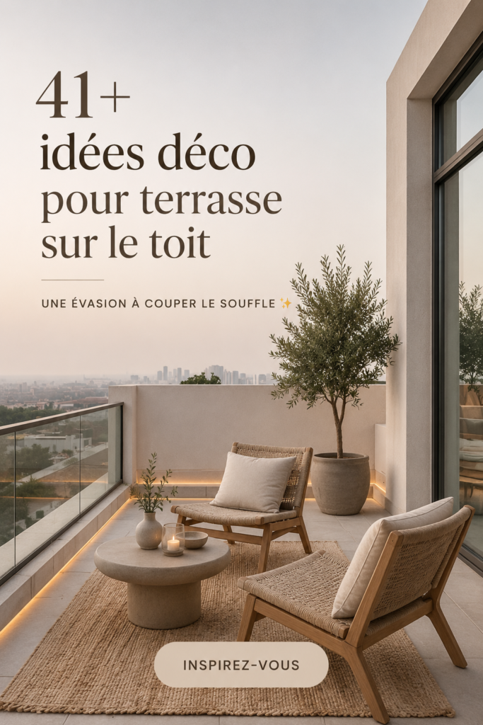 Belle terrasse sur le toit avec des meubles confortables et des plantes luxuriantes