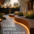 Un jardin minimaliste avec des plantes faciles à entretenir et un aménagement moderne.