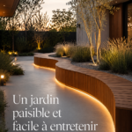 Un jardin minimaliste avec des plantes faciles à entretenir et un aménagement moderne.