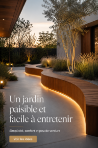 Un jardin minimaliste avec des plantes faciles à entretenir et un aménagement moderne.