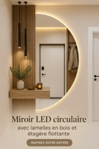 Miroir circulaire moderne avec étagère en bois dans une entrée