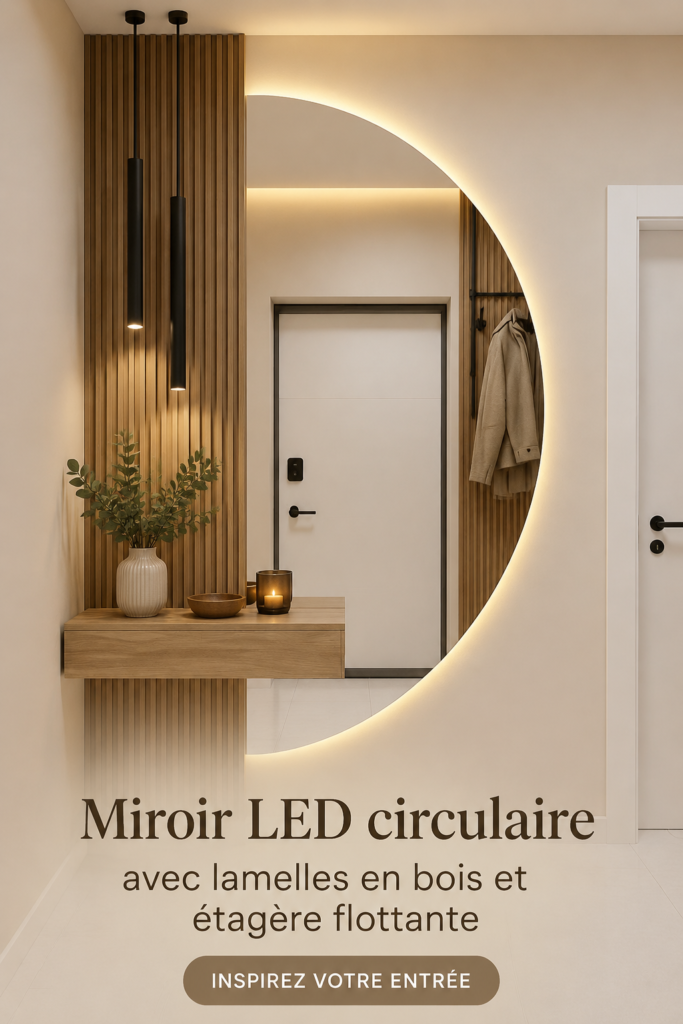 Miroir circulaire moderne avec étagère en bois dans une entrée