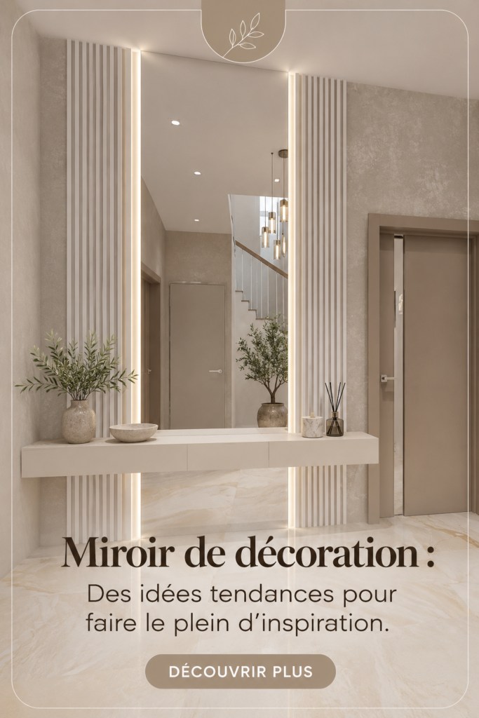 Miroir décoratif placé dans un salon aux tons doux, créant une ambiance chaleureuse.