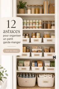 Un garde-manger bien organisé avec des étagères et des contenants étiquetés.