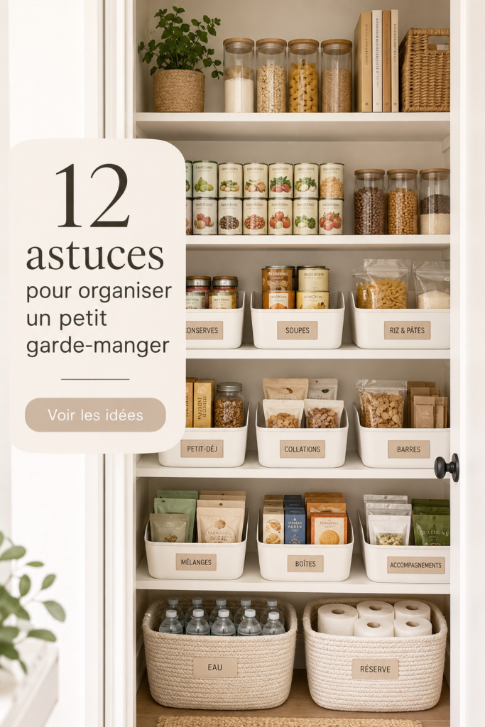 Un garde-manger bien organisé avec des étagères et des contenants étiquetés.