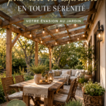 Un patio couvert aménagé avec des meubles confortables et des plantes luxuriantes, parfait pour un coin de détente extérieur.