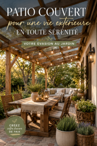 Un patio couvert aménagé avec des meubles confortables et des plantes luxuriantes, parfait pour un coin de détente extérieur.