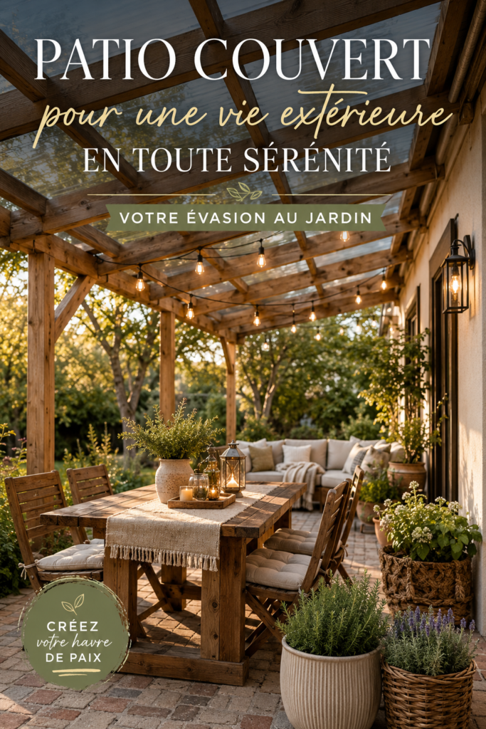 Un patio couvert aménagé avec des meubles confortables et des plantes luxuriantes, parfait pour un coin de détente extérieur.