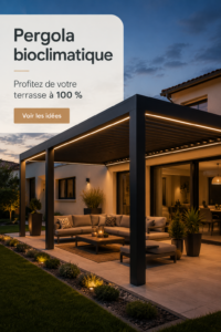 Une terrasse avec une pergola bioclimatique offrant ombre et lumière