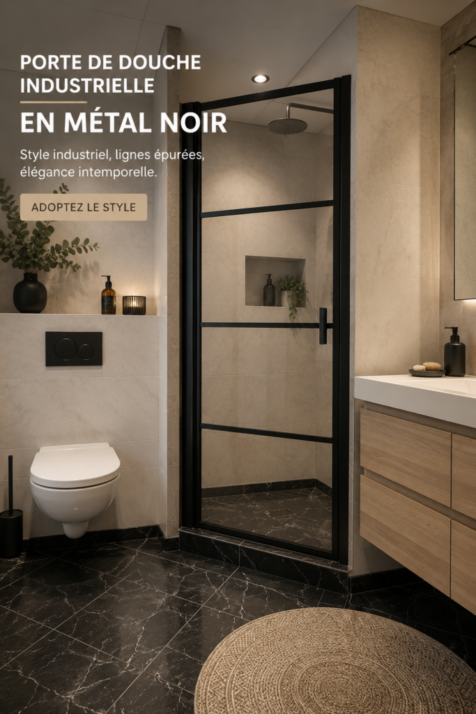 Porte de douche en verre noir avec cadre industriel dans une salle de bain moderne.