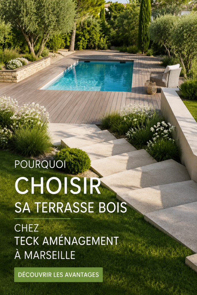 Terrasse en bois élégante à Marseille avec des plantes décoratives