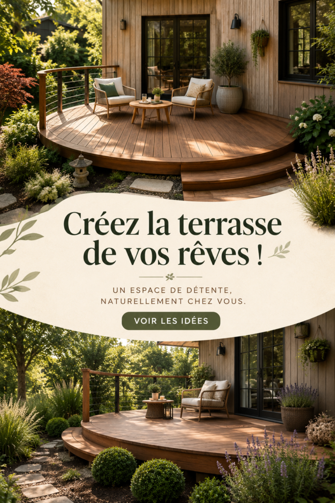 Terrasse en bois bien aménagée avec des chaises confortables et des plantes