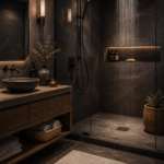 Salle de bain moderne avec une douche à l'italienne chic, carrelages élégants et ambiance relaxante