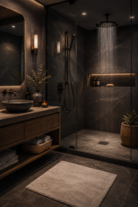 Salle de bain moderne avec une douche à l'italienne chic, carrelages élégants et ambiance relaxante