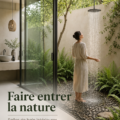 Salle de bain moderne avec éléments naturels, plantes et bois