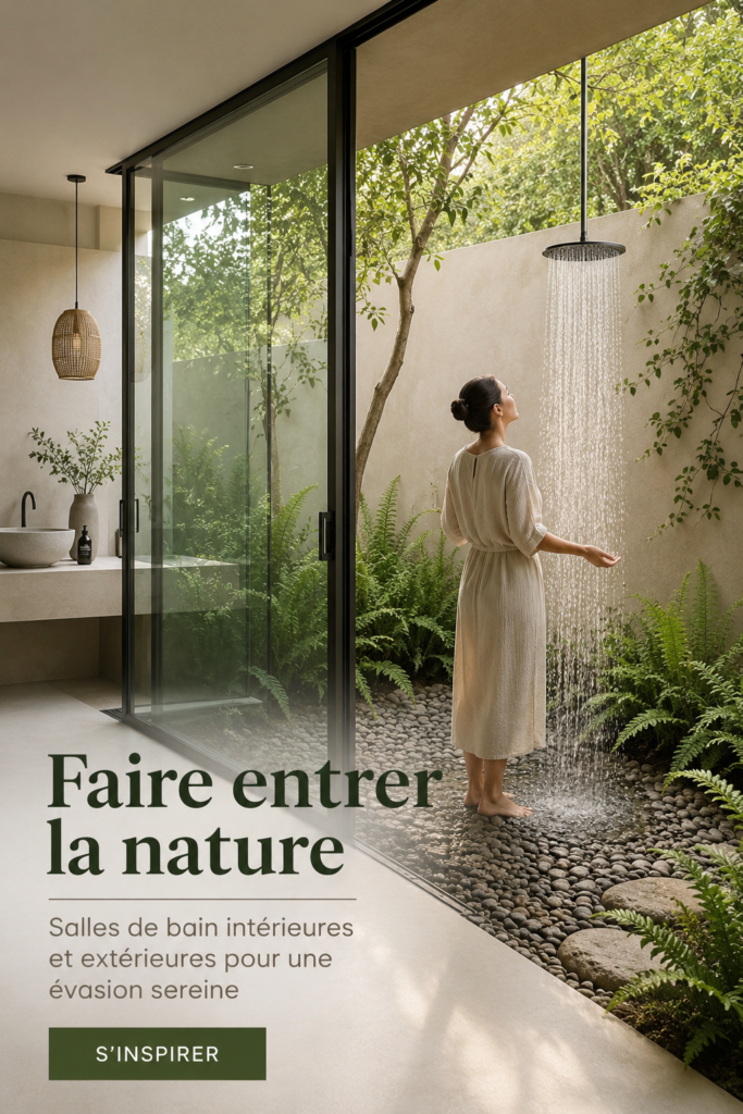 Salle de bain moderne avec éléments naturels, plantes et bois