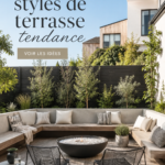 Terrasse moderne avec des meubles en bois et des plantes vertes.