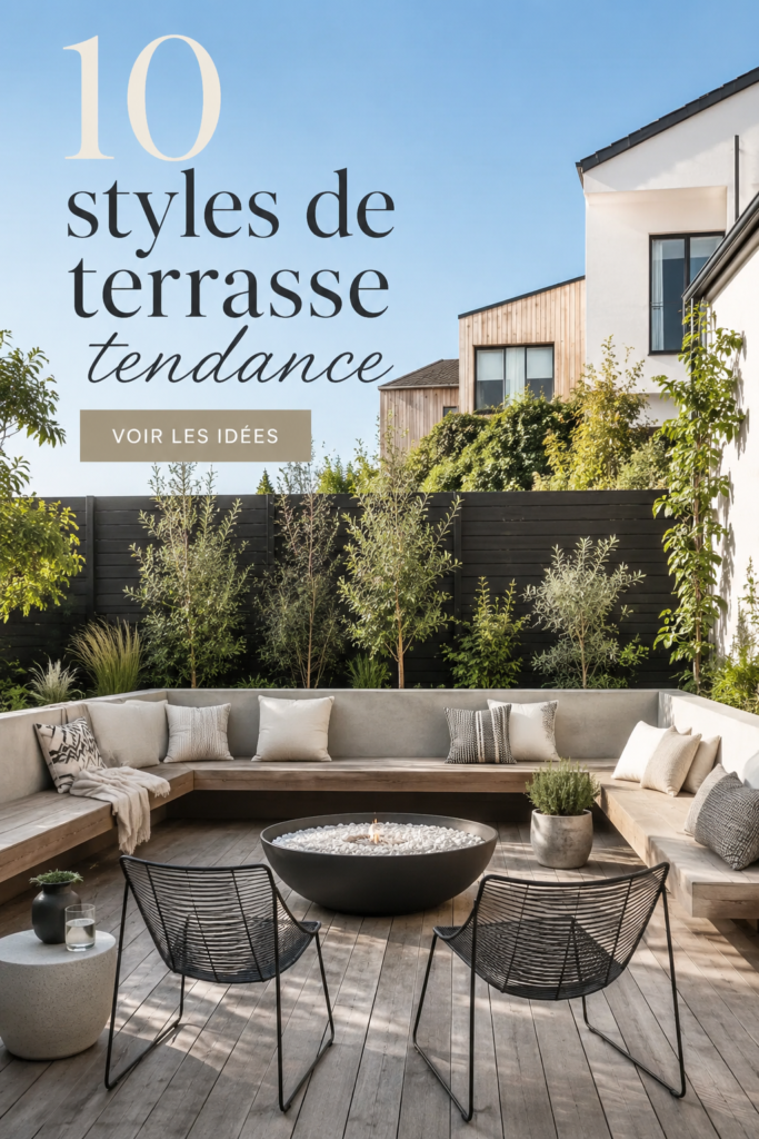 Terrasse moderne avec des meubles en bois et des plantes vertes.