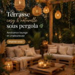 Terrasse cosy et naturelle sous pergola, décorée avec goût
