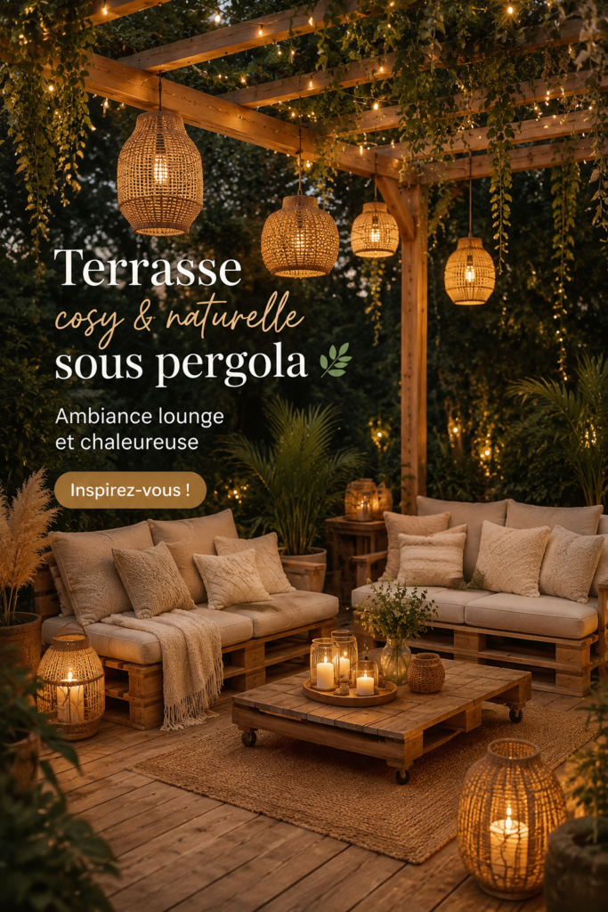 Terrasse cosy et naturelle sous pergola, décorée avec goût