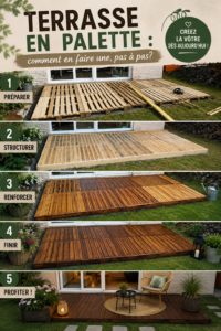 Une belle terrasse en palette aménagée dans un jardin accueillant.