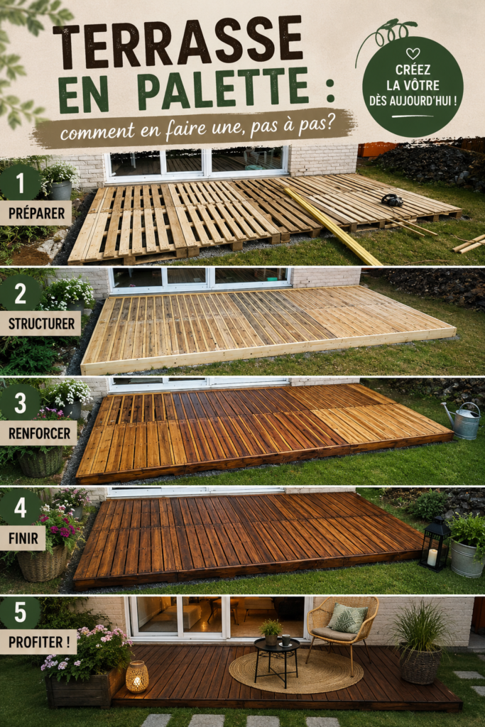 Une belle terrasse en palette aménagée dans un jardin accueillant.
