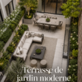 Terrasse moderne aménagée dans un jardin contemporain, offrant une ambiance chaleureuse.