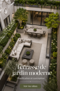 Terrasse moderne aménagée dans un jardin contemporain, offrant une ambiance chaleureuse.