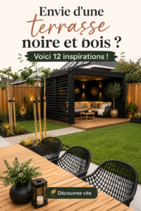 Une élégante terrasse en bois avec des accents noirs, offrant un espace chaleureux pour se détendre.