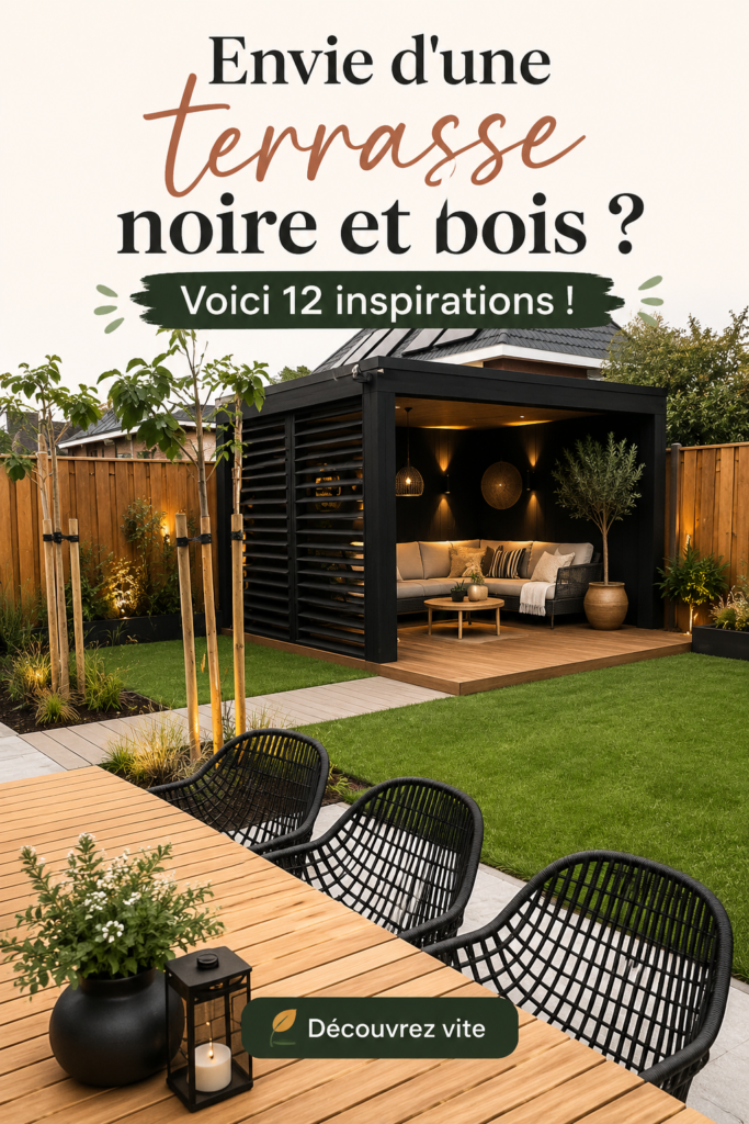 Une élégante terrasse en bois avec des accents noirs, offrant un espace chaleureux pour se détendre.