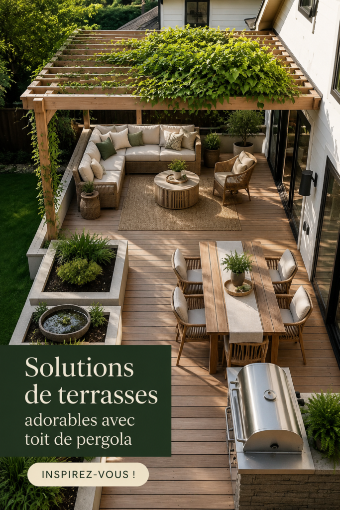 Terrasse ombragée avec une belle pergola en bois et des plantes décoratives.