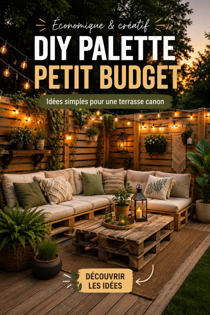Terrasse en palettes dans un jardin accueillant, créant un espace de vie extérieur chaleureux.