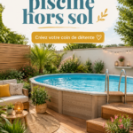 Aménagement d'une piscine hors sol entourée de plantes vertes et de mobilier de jardin.