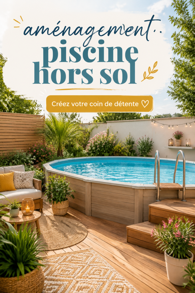 Aménagement d'une piscine hors sol entourée de plantes vertes et de mobilier de jardin.