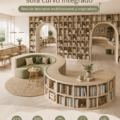 Aménagement d'un salon moderne avec bibliothèque en forme de S et canapé courbe.